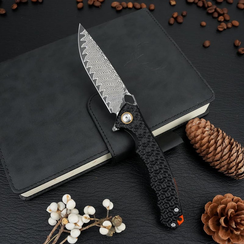 Zingbee Damascus Pocket Knife for Men Women, 3.35" VG10 Core Damascus Steel Blade Folding Knives with Black Aluminum Handle, EDC Camping Knife - Image 2